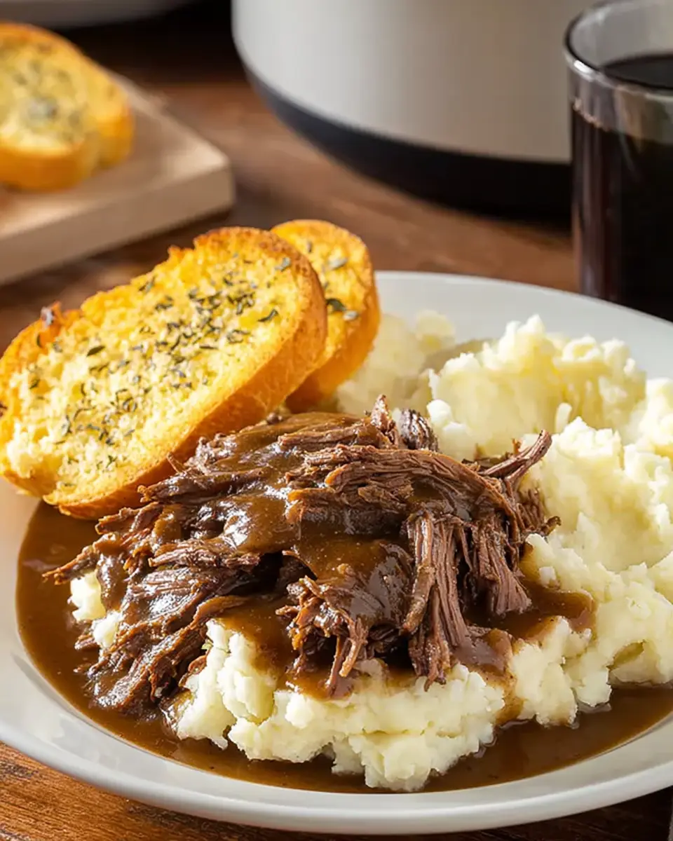 Slow-cooked Beef Manhattan with mashed potatoes, brown gravy, and garlic bread on a plate