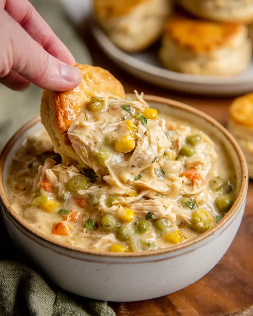 A hand scoops creamy chicken pot pie filling with a fluffy biscuit above a bowl of rich stew.