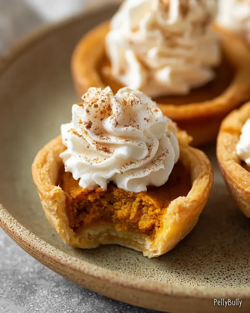 Mini Pumpkin Pies (Perfectly Spiced & Bite-Sized for the Holidays) 11 Mini pumpkin pie with a bite taken out, showing creamy filling and whipped cream topping