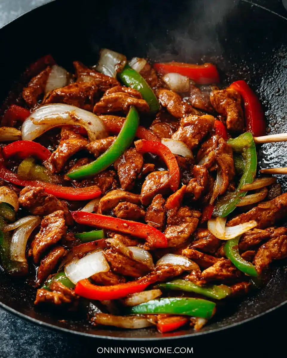 Black pepper chicken stir-fry with colorful bell peppers and onions in a cast iron skillet