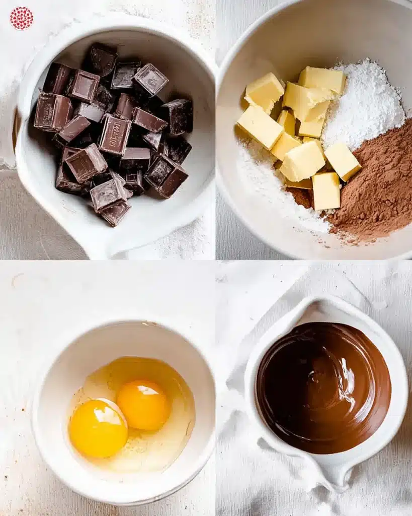 Bowls of chopped chocolate, cubed butter, melted chocolate, eggs, sugar, and dry ingredients for chewy brookies