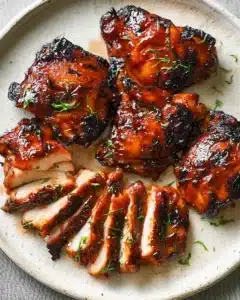 Oven-baked BBQ chicken thighs with caramelized glaze and fresh herbs on a ceramic plate
