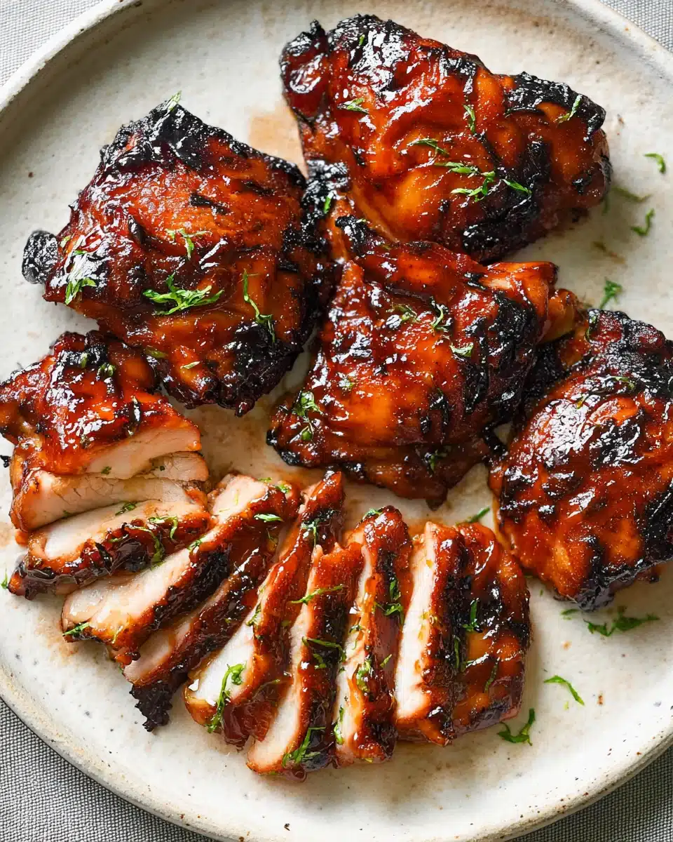 Oven-baked BBQ chicken thighs with caramelized glaze and fresh herbs on a ceramic plate