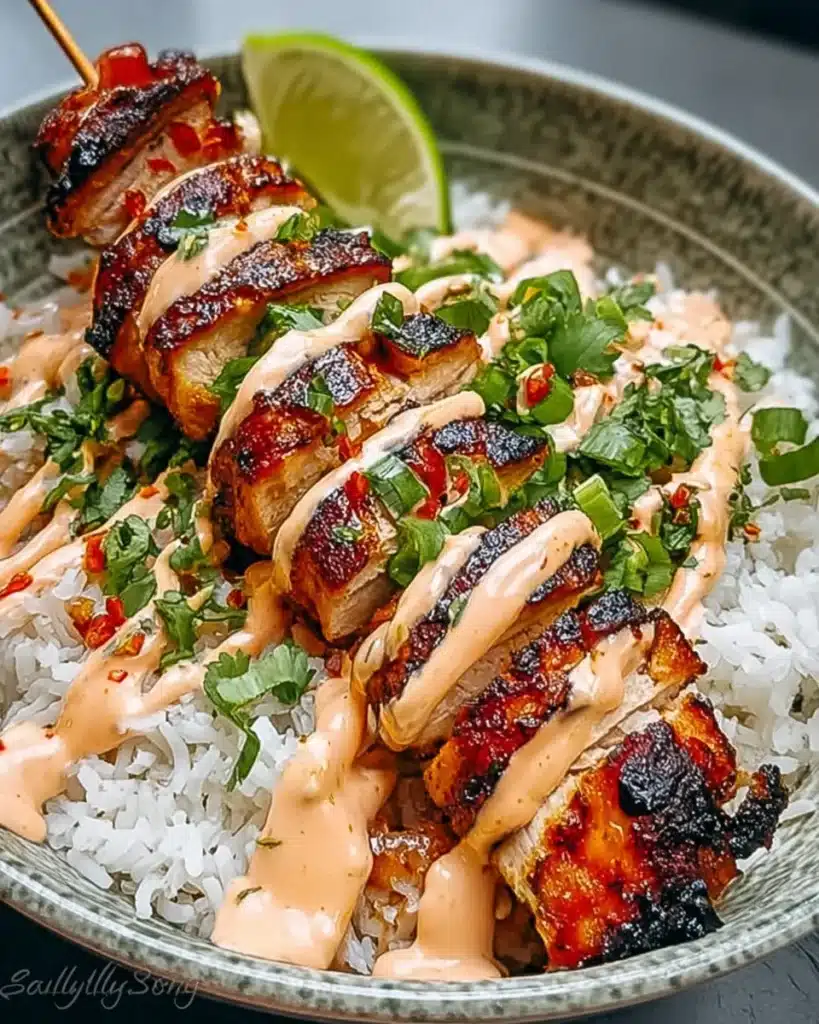 Butter Chicken Meets Sweet Heat: Sweet Chili Chicken Bowl Recipe 5 Charred sweet chili chicken with creamy drizzle over rice, lifted by chopsticks