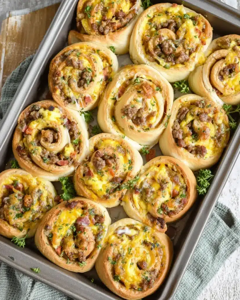 Golden breakfast rolls filled with eggs, sausage, bacon, and cheese in a baking tray, garnished with parsley