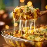 Cheesy ground beef casserole with melted layers being served from a glass dish.
