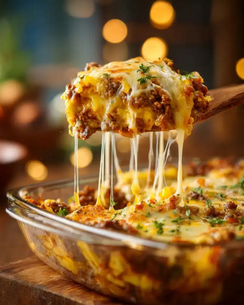 Cheesy ground beef casserole with melted layers being served from a glass dish.