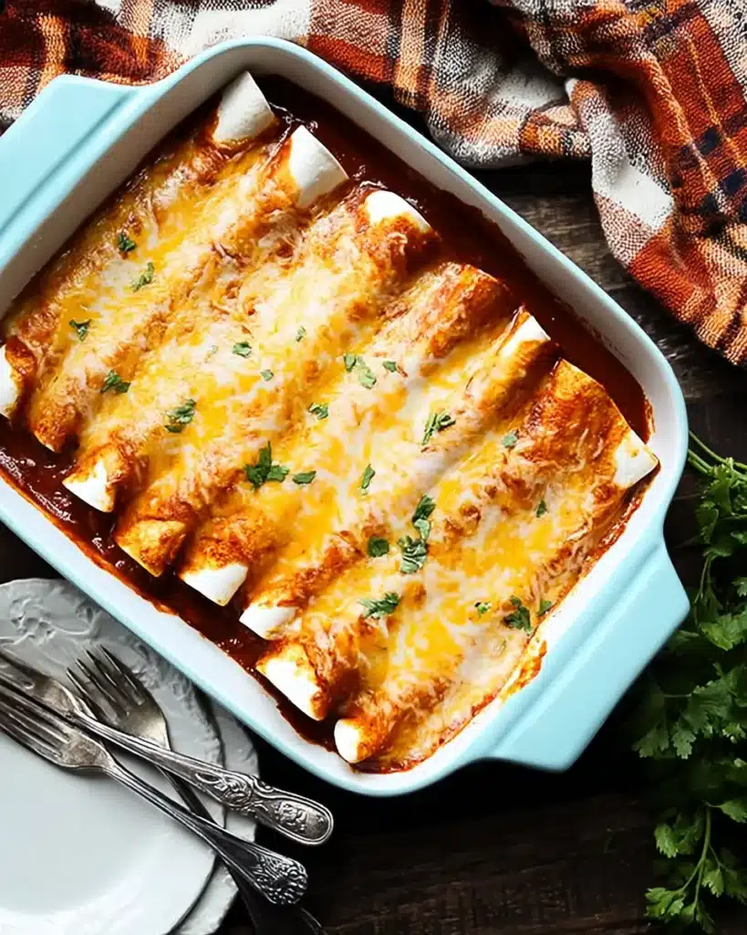 Baked beef enchiladas in a blue ceramic dish with melted cheese and bubbling sauce