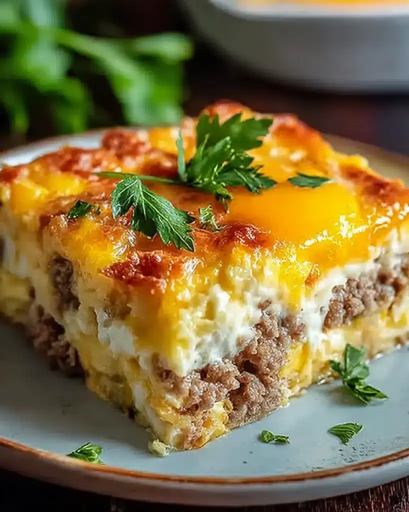 Sausage and Egg Casserole (Easy & Delicious Make-Ahead Breakfast Bake) 5 Close-up of golden sausage and egg casserole with parsley garnish on a plate