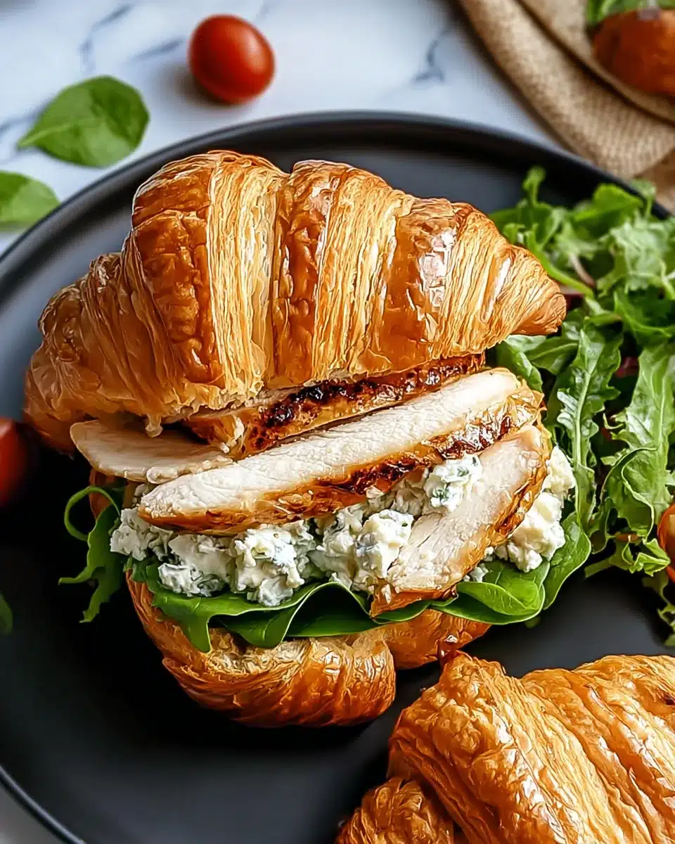 Golden Chicken Caesar Croissant Sandwich with grilled chicken and leafy greens on a dark plate.