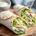 10 Easy Tortilla Wrap Recipes for Quick Lunches 12 Close-up of chicken Caesar tortilla wraps with shredded chicken, fresh romaine lettuce, and creamy dressing on a wooden board.