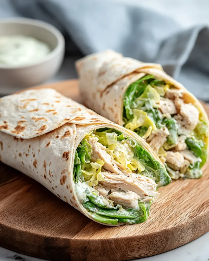 Close-up of chicken Caesar tortilla wraps with shredded chicken, fresh romaine lettuce, and creamy dressing on a wooden board.