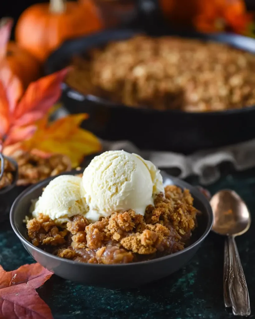 Close-up of pumpkin crisp in a bowl topped with vanilla ice cream, fall-themed background