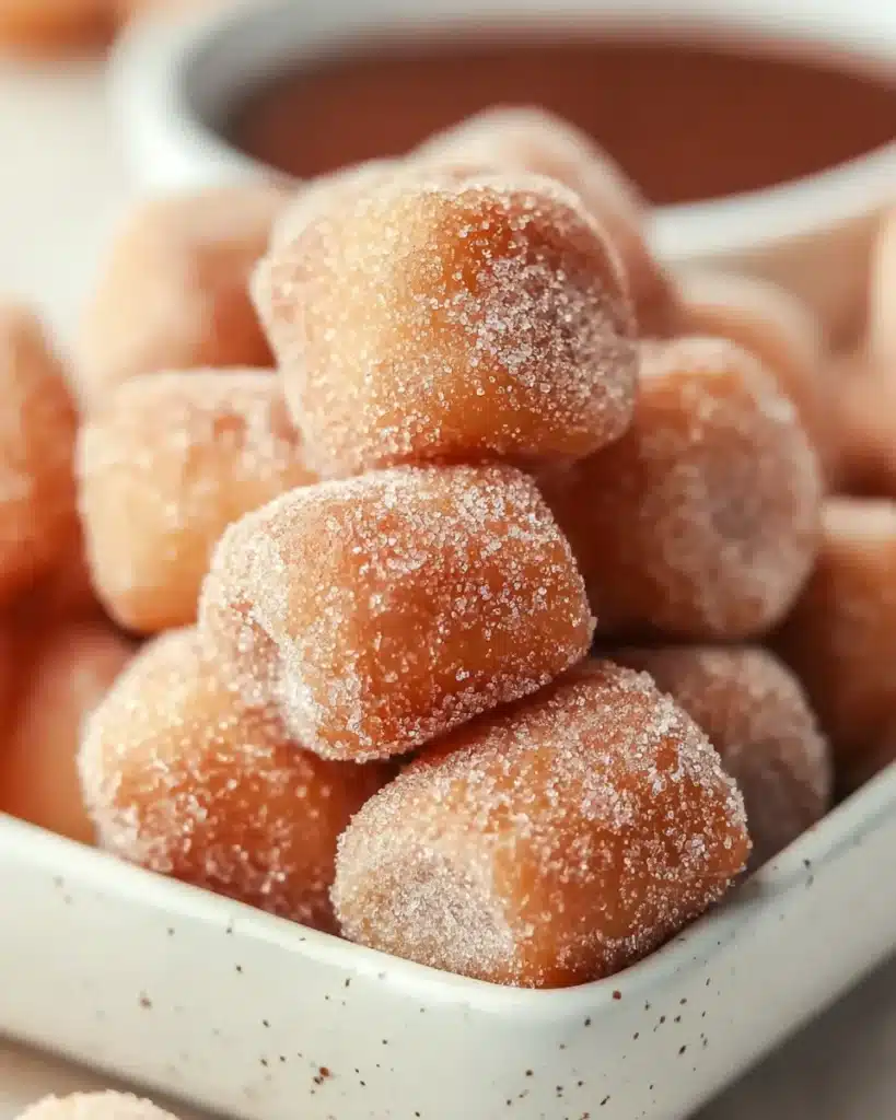 Irresistible Air Fryer Churro Bites – Sweet, Golden & So Easy! 7 Macro shot of crispy churro bites coated in cinnamon sugar inside a white tray