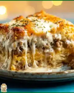 Cheesy biscuits and gravy breakfast casserole slice with sausage, gravy, and herbs