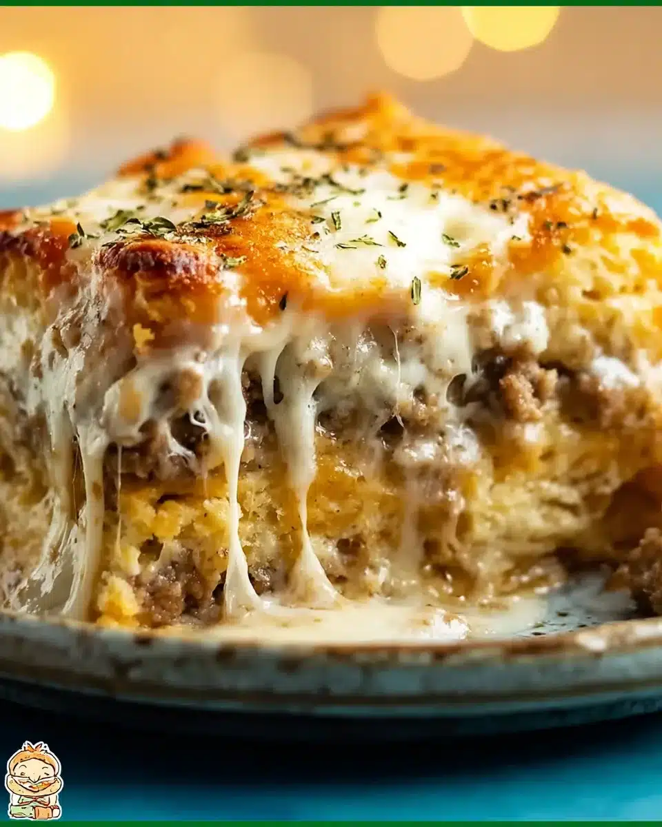 Cheesy biscuits and gravy breakfast casserole slice with sausage, gravy, and herbs