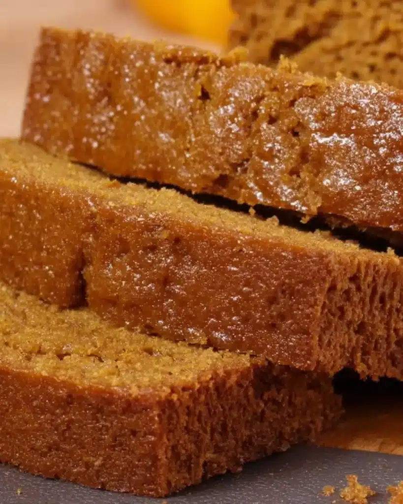 Close-up of moist pumpkin bread with glossy crust and soft orange crumb