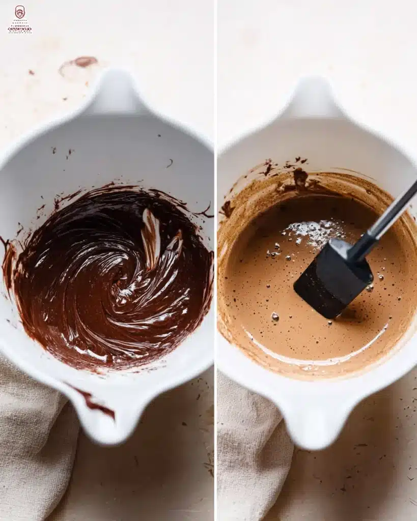 Step-by-step brookie batter showing melted chocolate mixing into whipped eggs and sugar, then fully combined