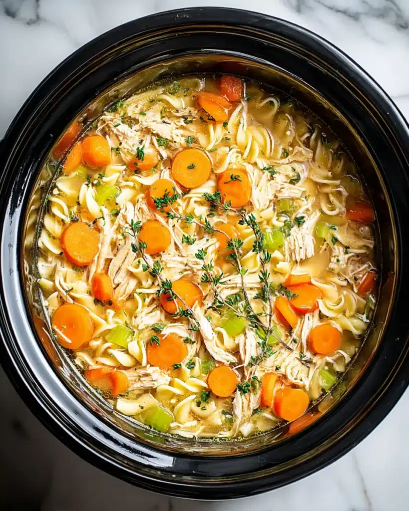 Chicken Soup Crockpot Recipes for Cozy Comfort (23 Ideas) 7 Slow cooker filled with homemade chicken noodle soup featuring shredded chicken, egg noodles, carrots, and celery on a white marble surface