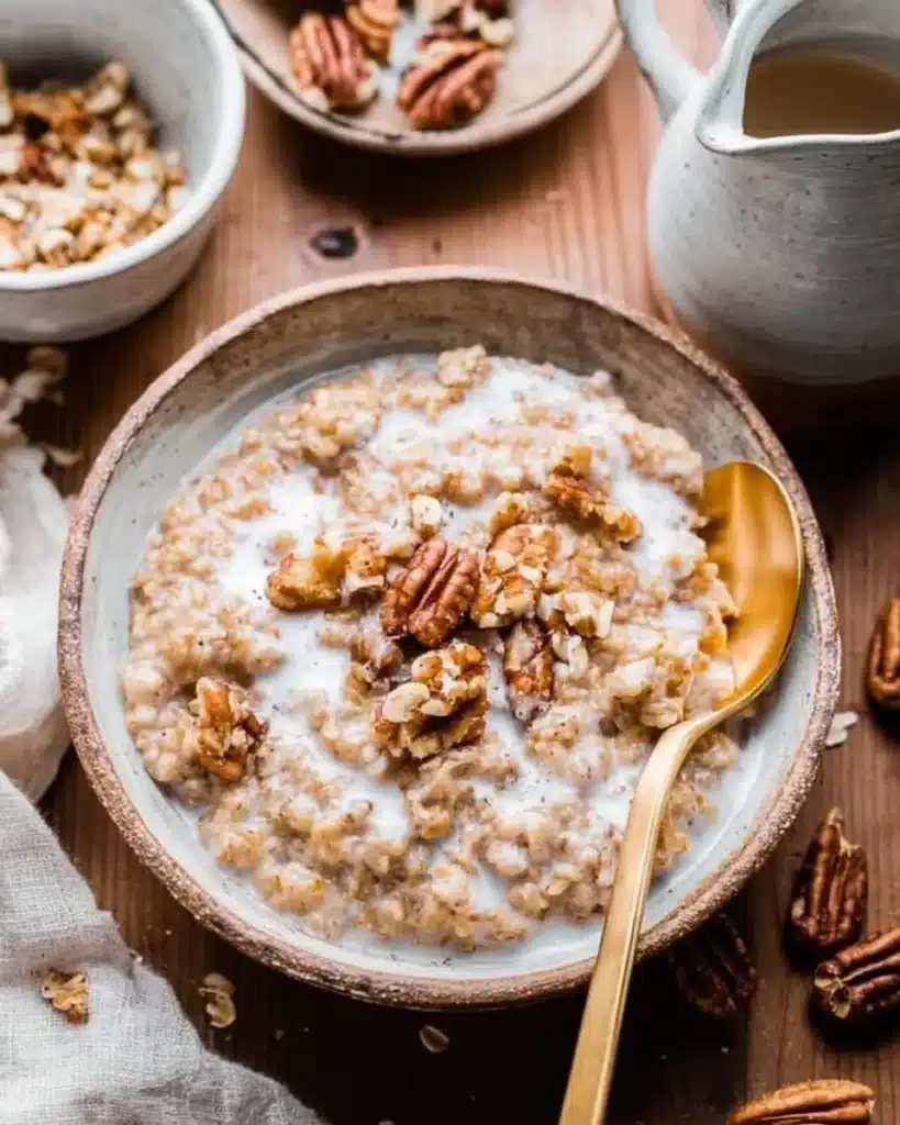 20+ Easy Crockpot Meals for Summer That Won’t Heat Up Your Kitchen 9 Rustic bowl of creamy crockpot oatmeal with chopped pecans and milk drizzle