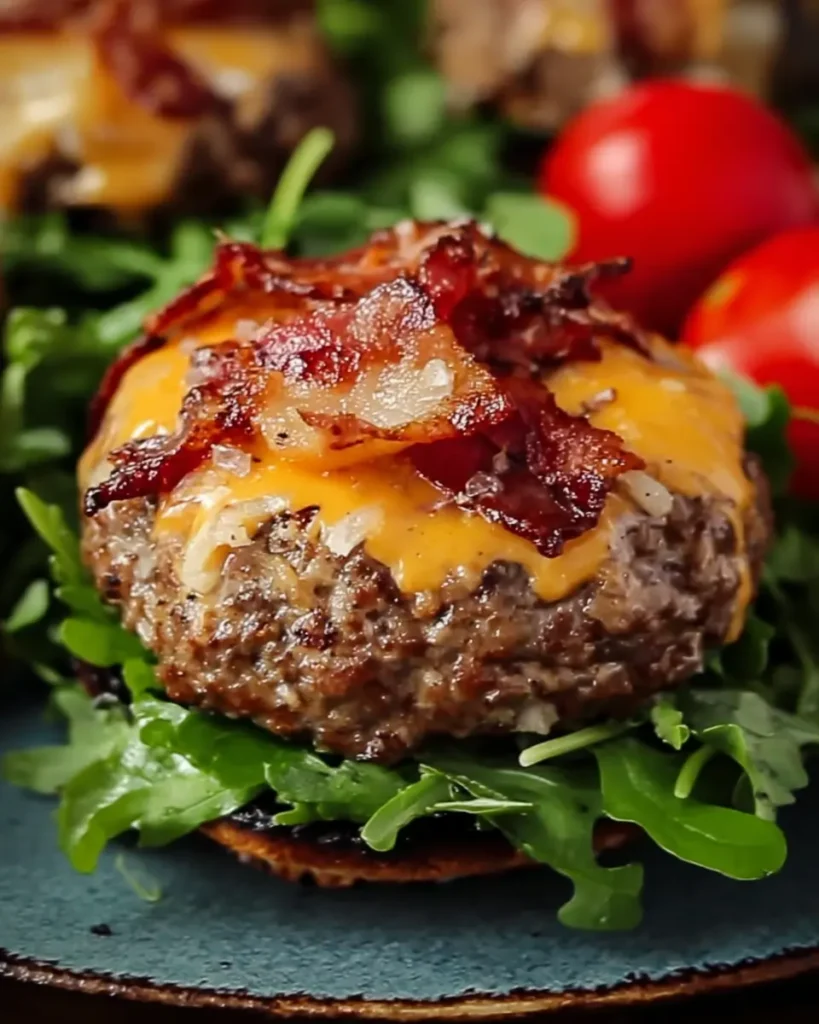 Juicy crack burger topped with melted cheddar cheese and crispy bacon on fresh lettuce