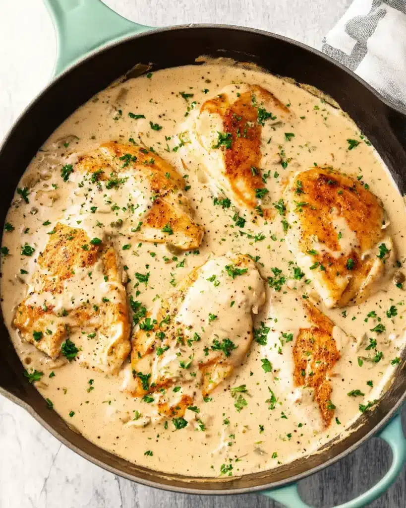Cream Cheese Chicken (Easy & Creamy One-Skillet Dinner) 11 Golden seared chicken breasts in creamy garlic-herb sauce topped with parsley, served in a skillet.