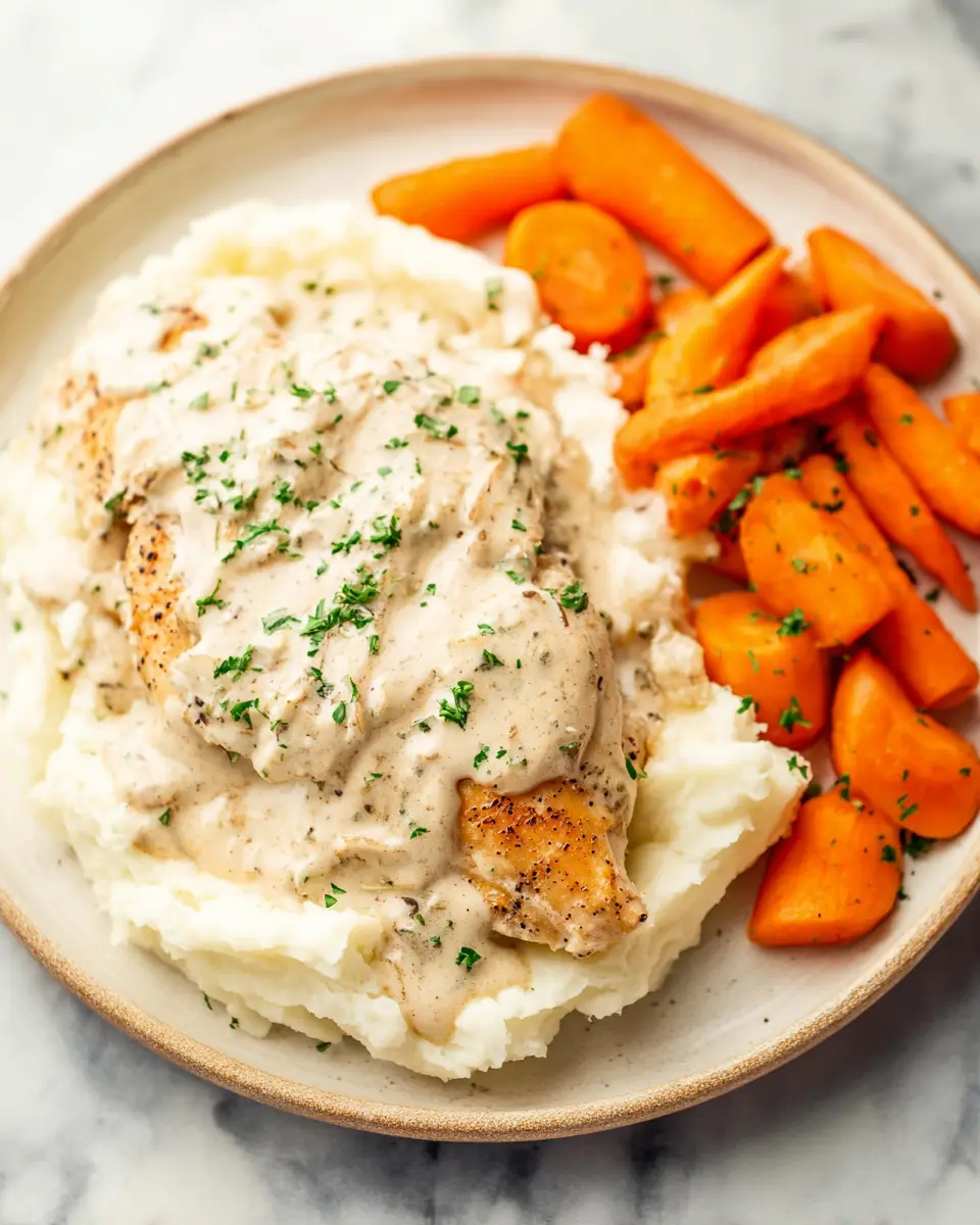 Cream cheese chicken with mashed potatoes and carrots on a beige plate, topped with creamy herb sauce and fresh parsley.