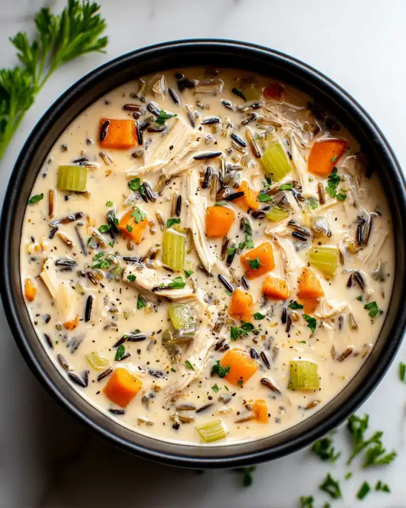 Chicken Soup Crockpot Recipes for Cozy Comfort (23 Ideas) 8 Creamy chicken wild rice soup in a black bowl with carrots, celery, shredded chicken, and herbs on a white marble surface
