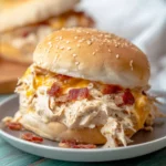 Creamy Crockpot Crack Chicken 6 Creamy crack chicken sandwich with cheddar cheese and bacon on a sesame bun