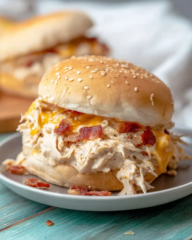 Creamy crack chicken sandwich with cheddar cheese and bacon on a sesame bun
