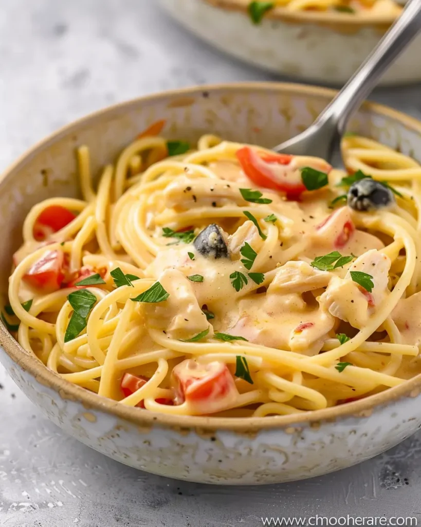 CrockPot Cheesy Chicken Spaghetti Recipe (Easy & Creamy) 8 Bowl of creamy CrockPot Cheesy Chicken Spaghetti with Velveeta sauce and fresh parsley garnish