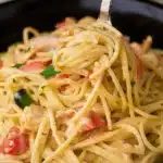 CrockPot Cheesy Chicken Spaghetti Recipe (Easy & Creamy) 9 Close-up of CrockPot Cheesy Chicken Spaghetti with creamy cheese sauce, shredded chicken, and spaghetti noodles on a fork