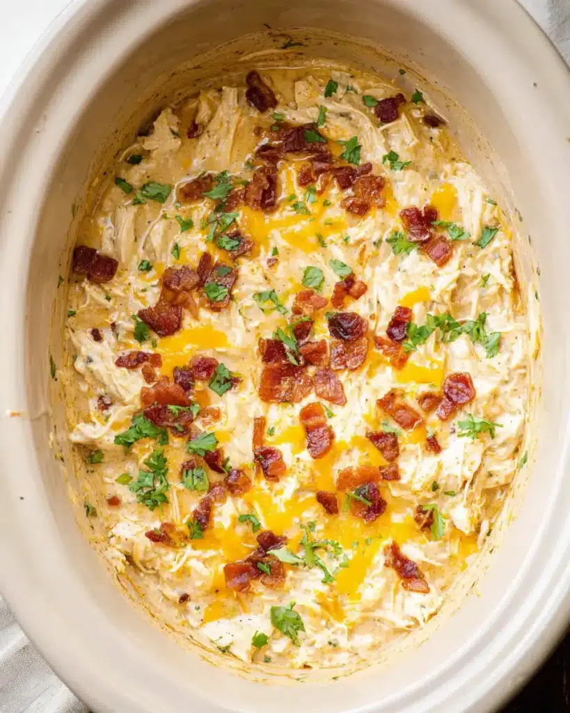 Crockpot Crack Chicken – Creamy, Cheesy, and Irresistible 8 Cheesy Crockpot Crack Chicken topped with crispy bacon and herbs in a slow cooker