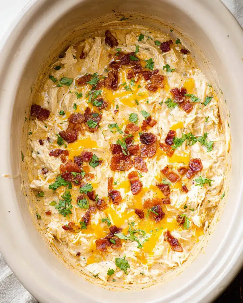 Cheesy Crockpot Crack Chicken topped with crispy bacon and herbs in a slow cooker