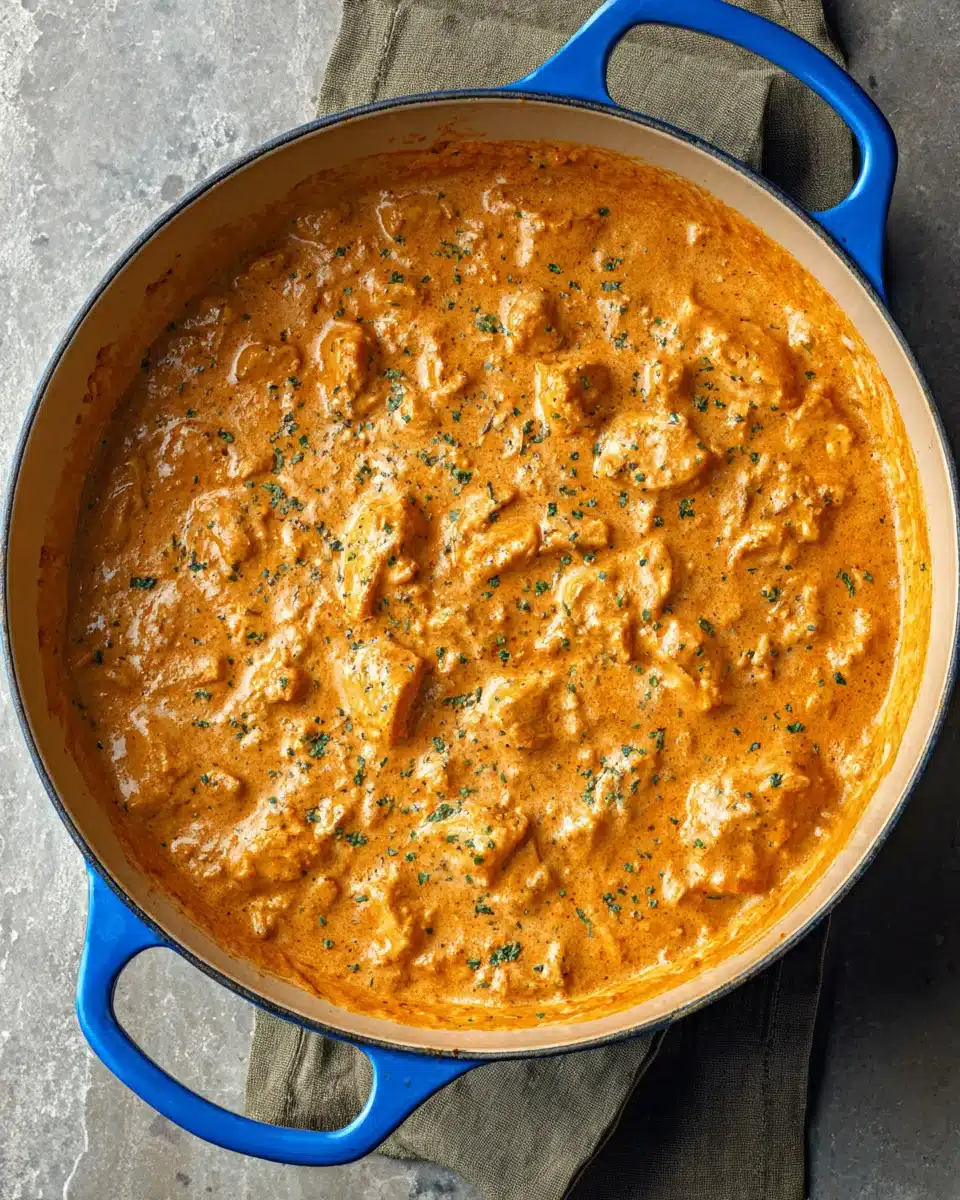 Creamy homemade butter chicken simmering in a blue skillet on a rustic table