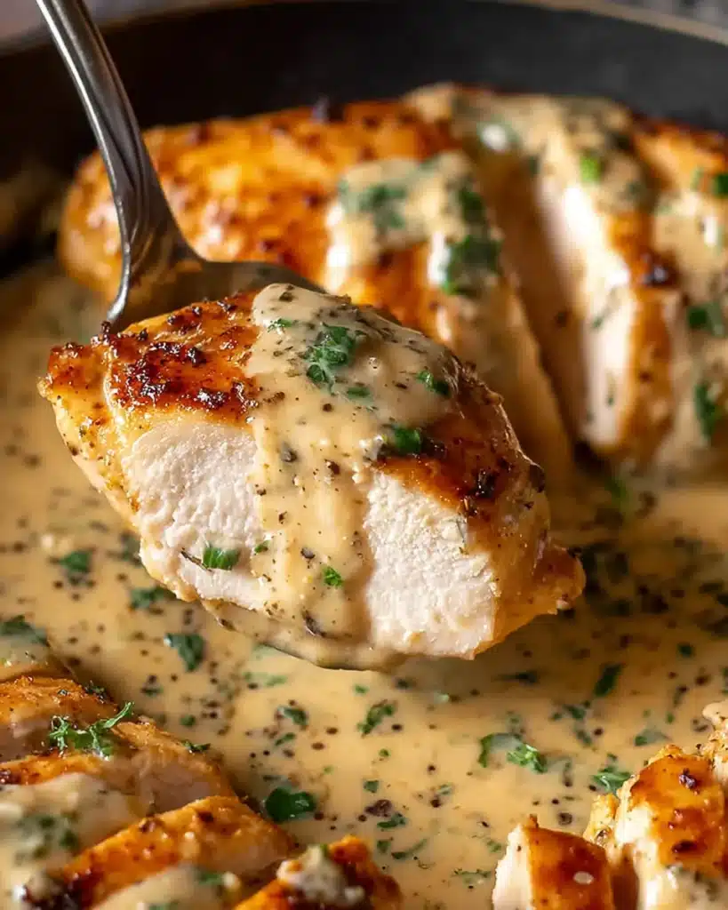 Ranch Chicken Crock Pot Recipe: A Creamy Summer Favorite 8 Close-up of a juicy sliced ranch chicken breast in creamy herb sauce, lifted on a serving spoon