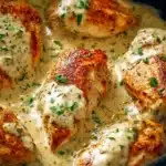 Ranch Chicken Crock Pot Recipe: A Creamy Summer Favorite 9 Close-up of creamy ranch chicken with golden seared crust and herb-speckled sauce in a skillet, topped with fresh parsley