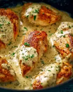 Close-up of creamy ranch chicken with golden seared crust and herb-speckled sauce in a skillet, topped with fresh parsley