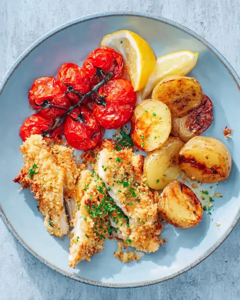 Melt In Your Mouth Chicken Breast Recipe (Easy & Juicy!) 8 Crispy parmesan chicken with roasted potatoes and tomatoes on a sage blue plate