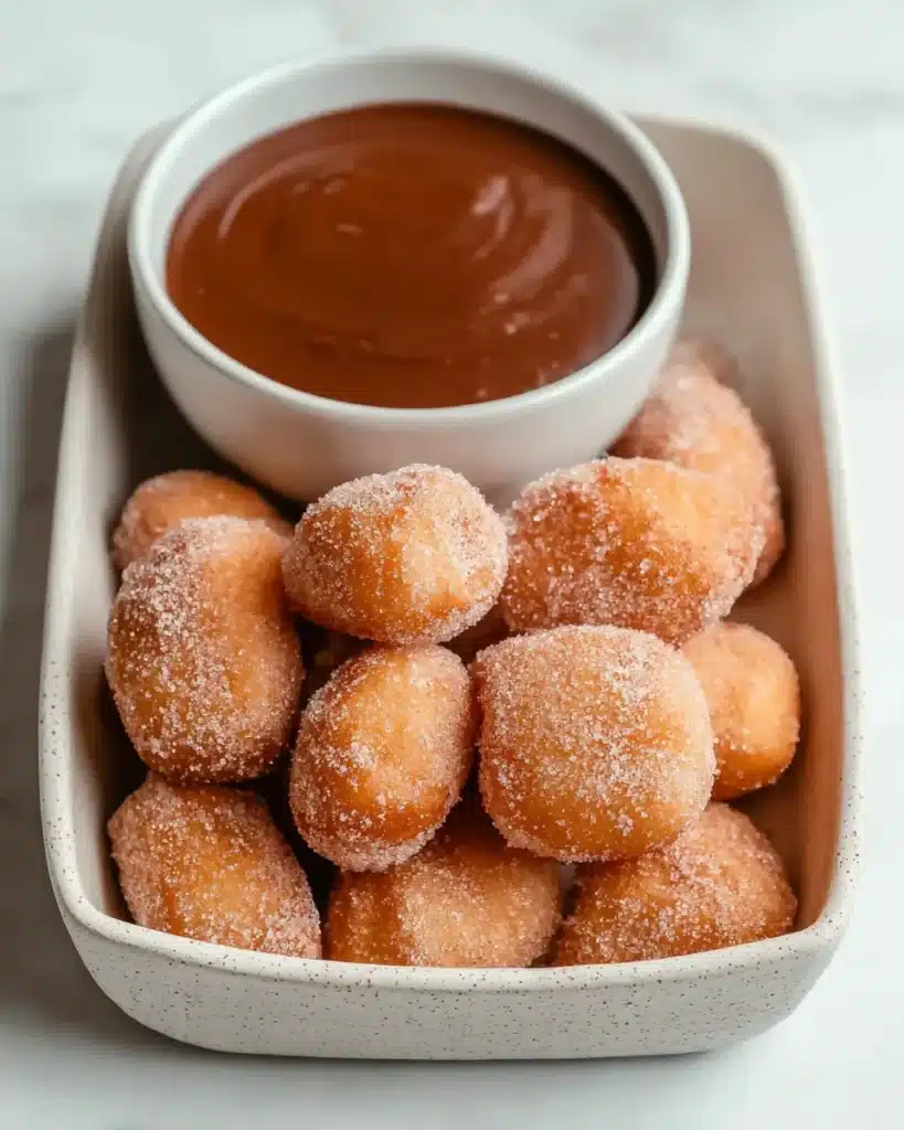 Golden churro bites coated in cinnamon sugar, served with a bowl of chocolate sauce in a ceramic tray