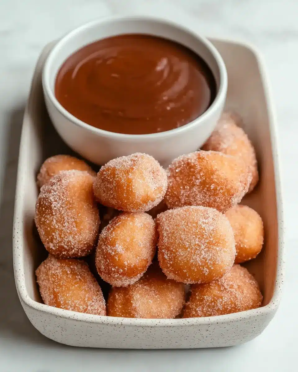 Golden churro bites coated in cinnamon sugar, served with a bowl of chocolate sauce in a ceramic tray