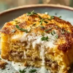Crispy golden dish served on a ceramic plate with fresh herbs and rustic styling