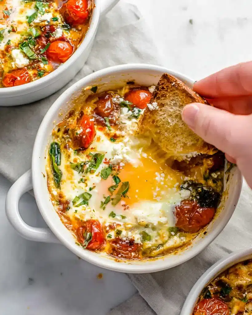 Feta Eggs – Easy Baked Breakfast Packed with Flavor 11 Hand dipping crusty bread into creamy baked feta eggs with tomatoes, spinach, and runny yolk.