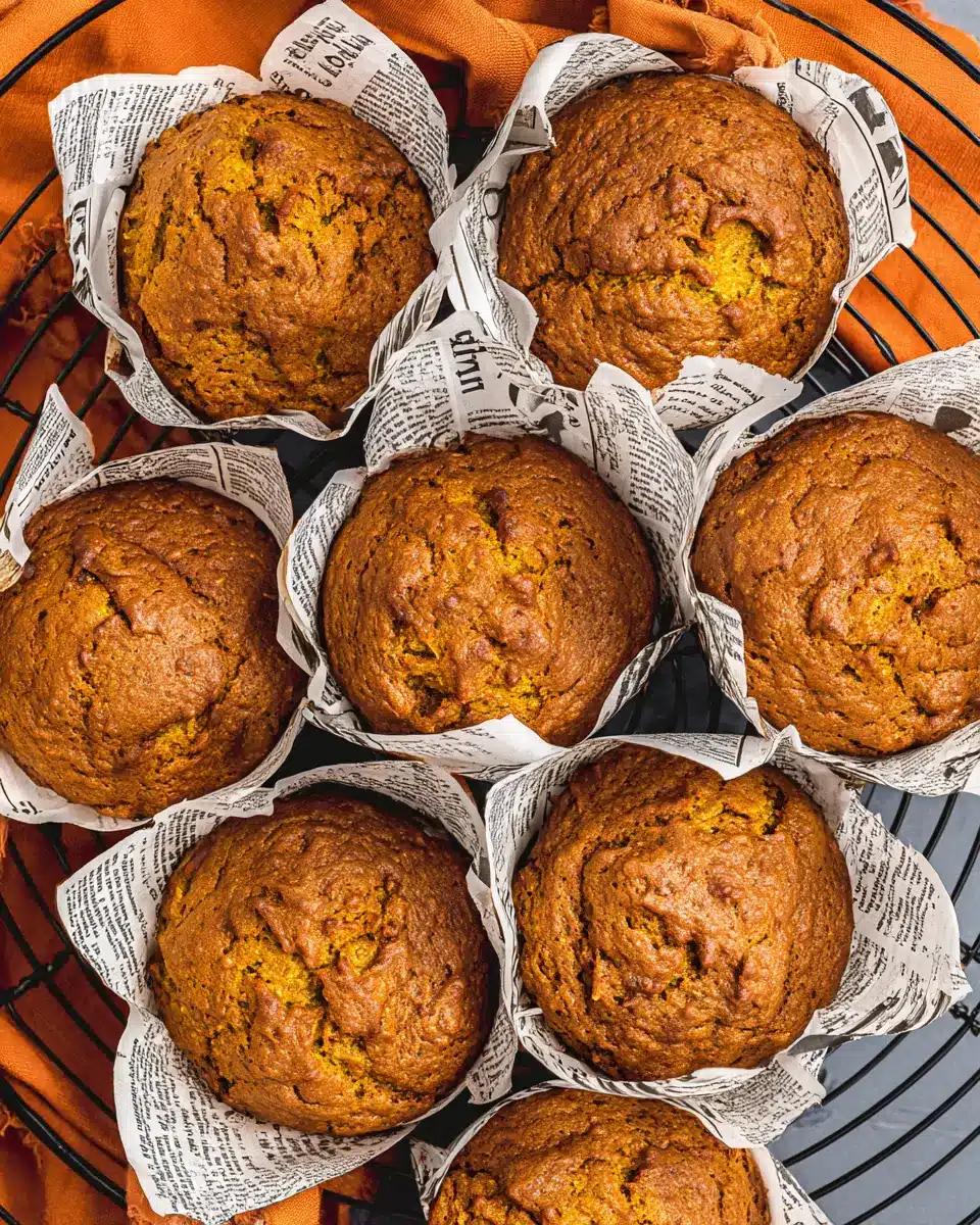 Freshly baked easy pumpkin muffins in parchment wrappers on a cooling rack, golden brown with cracked tops.