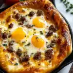 Essential Ingredients for Irresistible Egg and Cheese Breakfast Roll-Ups with Bacon 6 Rustic puff pastry breakfast tart with sunny-side eggs, sausage, cheddar cheese, and herbs in a cast iron skillet.
