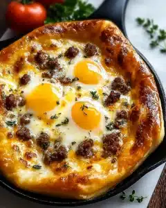 Rustic puff pastry breakfast tart with sunny-side eggs, sausage, cheddar cheese, and herbs in a cast iron skillet.