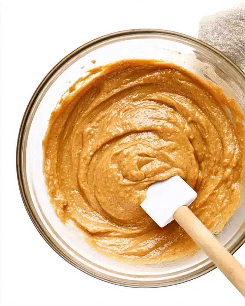 Pumpkin Muffins – Soft, Spiced, and Perfect Every Time 9 Pumpkin muffin batter being stirred with a spatula in a clear glass bowl on a gray surface