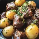 Garlic Butter Beef Bites & Potatoes (Slow Cooker Comfort in Every Bite) 6 Slow-cooked garlic butter beef bites and golden baby potatoes topped with fresh parsley in a rustic bowl