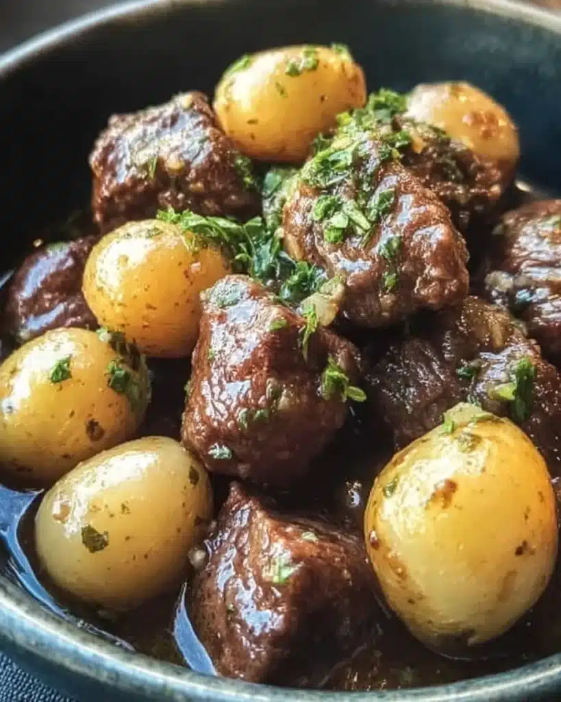 Slow-cooked garlic butter beef bites and golden baby potatoes topped with fresh parsley in a rustic bowl
