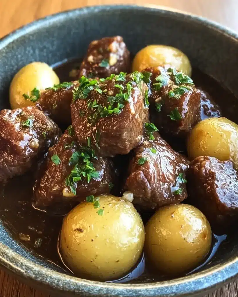 Garlic Butter Beef Bites & Potatoes (Slow Cooker Comfort in Every Bite) 5 Rustic bowl of garlic butter beef bites with golden baby potatoes and fresh herbs in rich sauce